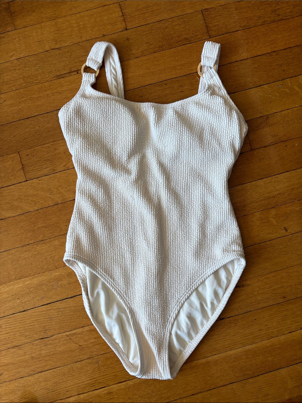MICHAEL Michael Kors Cream Textured One-Piece Swimsuit with Gold Rings
